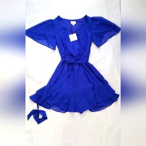 NWT! Elegant Shocking Blue Textured Dot Tie Waist Women's Pleated Midi-Dress 4